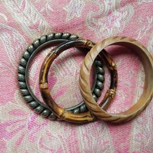 Set of 3 Bangles: Carved Wood, Bamboo, Brass